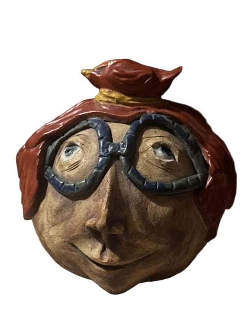 Handmade Clay Folk Art Whimsical Woman Wall Sculpture With Glasses